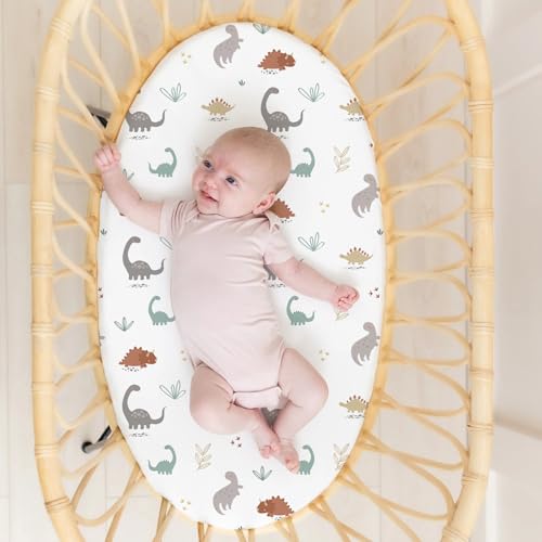 Image of Stretch Fitted Bassinet Sheet Set BROLEX 2 Pack Cradle Sheets for Bassinet Pad /Mattress,Unisex Boys Girls,Ultra Soft,Cute Dinosaurs