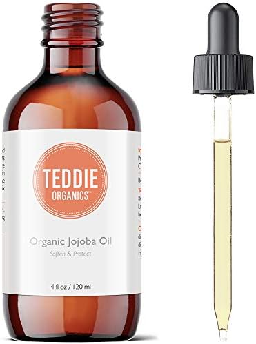 Teddie Organics Golden Jojoba Oil 100% Pure Organic Cold Pressed and Unrefined 4oz - Natural Moisturizer for Face Hair and Sensitive Skin, Carrier Oil for Essential Oils