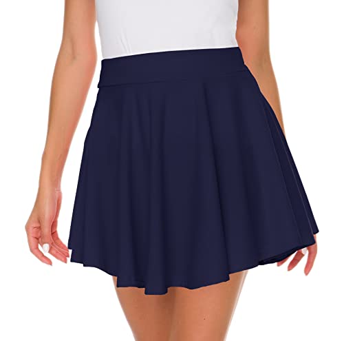 Afibi Girls Casual Mini Stretch Waist Flared Plain Pleated Skater Skirt (Small, Navy Blue) #TOP2