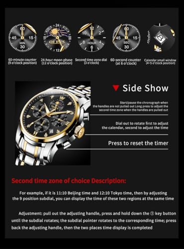 Image of OLEVS Chronograph Watches for Men Original Analog Quartz Black Stainless Steel Chain Luxury Dual Time Zone Moon Phase Date Waterproof Men's Wrist Watch