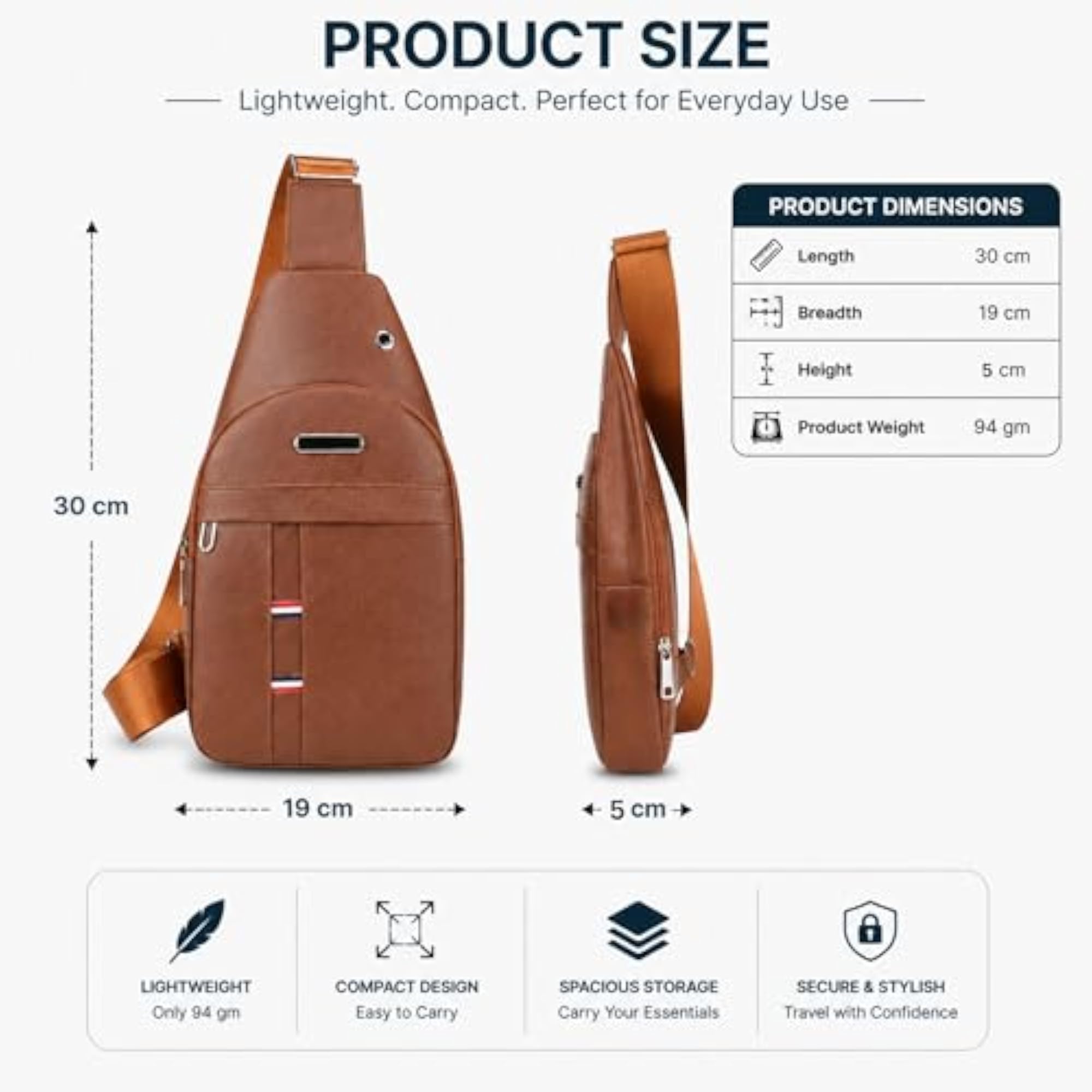 Waterproof Anti-Theft Sling Bag, Brown PU Leather