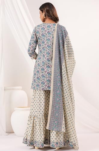 Image of Janasya Women's Cream Pure Cotton Floral Printed Yoke Design Straight Kurta with Sharara & Dupatta Set