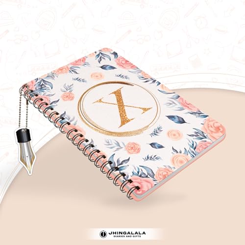 Image of Jhingalala Diaries - A5 Hardbound Floral Design Diary Cover With Initial Letter Wiro Notebook Diary With Dangler I Spiral Notebook With Planner and Calendar 2024 I 160 Undated Ruled Pages (Initial X)