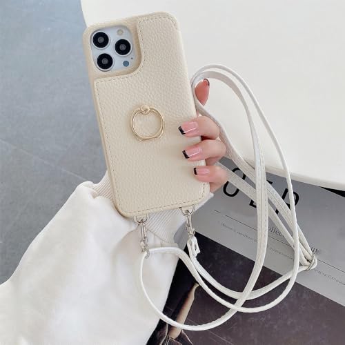 Étui portefeuille iPhone 13 Pro housse cuir beige miroir avec fente carte et cordon