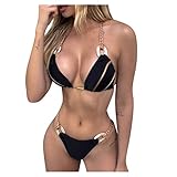 Damen Push Up String Bikini Sexy Triangel Bademode Gestreifter Druck Zweiteiliger Badeanzug Kette Neckholder Mini BH Bikinioberteil mit Tanga Badehose Set Beachwear(Schwarz,L)