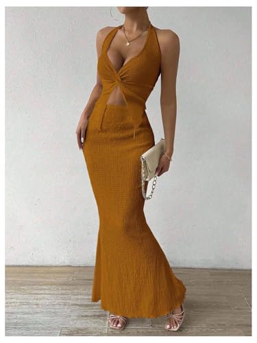 Image of SOLY HUX Women's Two Piece Outfits Twist Front Halter Cami Tops and Skirt Summer Set