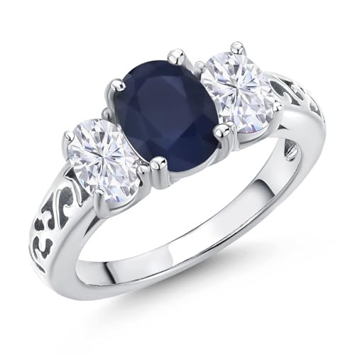 Gem Stone King 2.80 Cttw Blue Sapphire and White Moissanite 3-Stone Ring In 925 Sterling Silver | Oval 8X6MM and 6X4MM | 3 Stone Wedding Anniversary Promise Ring For Women | Available in Size 5-9
