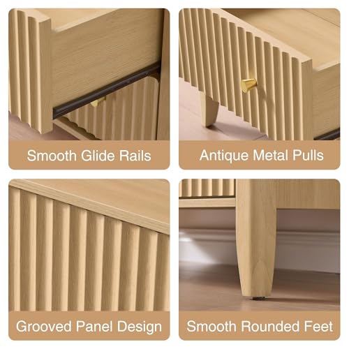 Image of Fluted Nightstand with Charging Station Set of 2, 27.3 inch Wide Modern Bedside Table with 2 Drawers & Open Shelf, Large Wood End Table with Storage & Metal Handle for Bedroom, Natural Wood