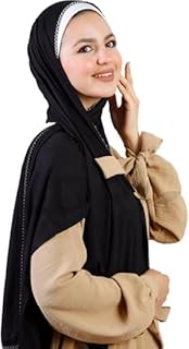 سكارف للنساء مصنوع من قطن ليكرا فاخر - اسود مع تطريز ابيض انيق على الحواف - مقاس 152 × 56 سم - مريح ومرن للمناسبات اليومية والخاصة