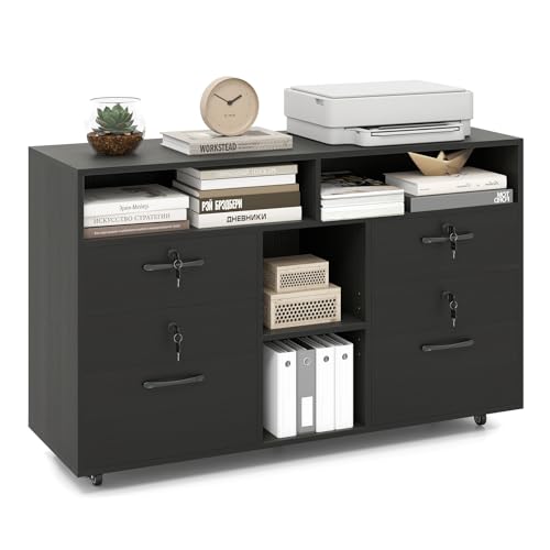 Giantex 4-Drawer Lateral File Cabinet with Lock, Adjustable Shelf, Open Components, 5 Rolling Wheels...