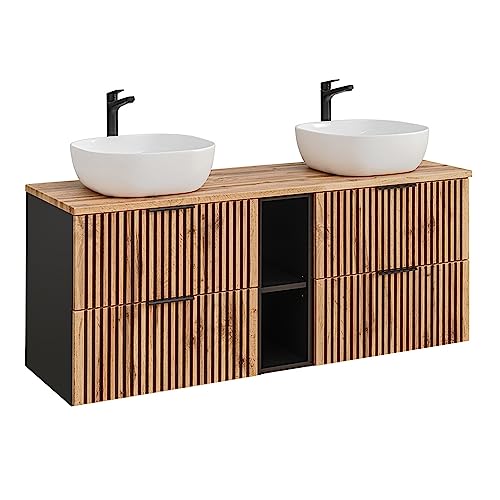 Lomadox Meuble de salle de bain - Double vasque - Noir rainuré - 140,6 x 74,2 x 46,5 cm - Avec étagère - 2 vasques à poser - Anthracite et chêne Nb