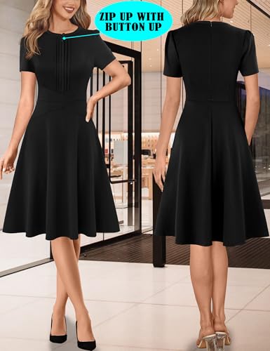 VFSHOW Womens Summer Work Business Dresses Pleated Crew Neck Front Zipper Button Office Slim A-line Fit and Flare Dress4