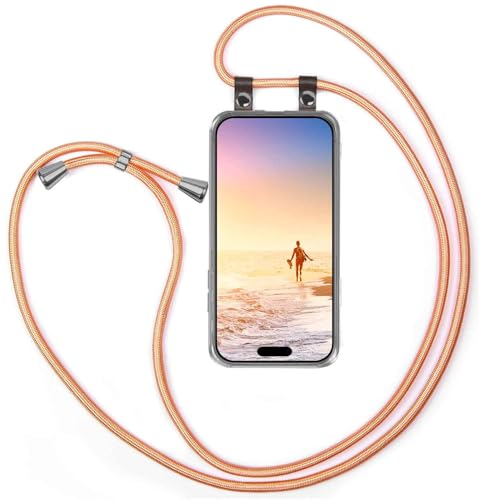 Chaîne pour iPhone 17 cordon tissu rose doré idéal pour garder les mains libres en voyage