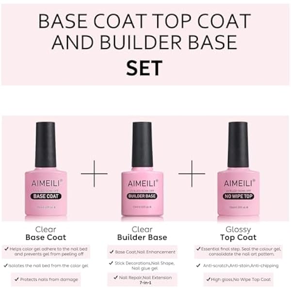 AIMEILI 7-in-1 Builder Gel and Top Coat Base Coat, Set of 3 x 10 ml Nail Extension Clear Builder