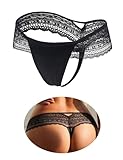 ohmydear Damen String Tangas Spitze Brazilian Slip Niedrige Taille Unterhosen T-Back Hollow Out Sexy Unterwäsche für Frauen Transparente Pantys Atmungsaktiv Höschen Schwarz S