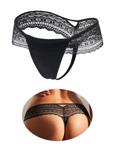 ohmydear tanga para mujer sexy chic tanga de gran tamaño, bragas de encaje, cintura baja, entrepierna de algodón, transparente, transpirable, ropa interior caliente, Negro , M
