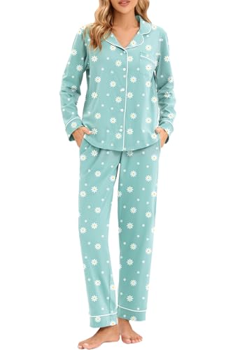 Image of LUBOT 100% Cotton Pajamas for Women Pajama Set 2 Piece PJ Sleepwear Set Soft Ladies Button Knit Long Sleeve Loungewear XS-XXL