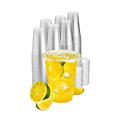 Green Direct 12 oz. Disposable Cups With Lids | Clear Plastic Cups With Lids | Iced Coffee Cups For Bubble Boba Tea | Cup and Flat Lid For Cold Drinking & Smoothie 50 Sets
