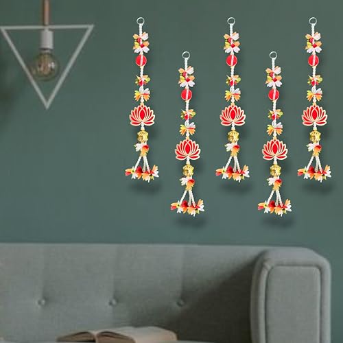 Image of Rajasthan Kraft Red Lotus Floral Hanging Decoration with Pearl Beads & Golden Bell |Pack of 5 (17 x 3 Inch) | Multicolour Door & Wall Decor for Diwali, Navratri & Pooja(RK-36808-5).