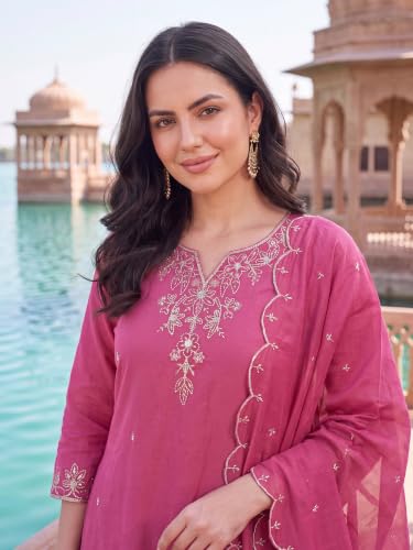 Image of INDO ERA Women's Silk Blend Floral Embroidered Thread Work Kurta & Pant with Dupatta Set (IEBBAI438)