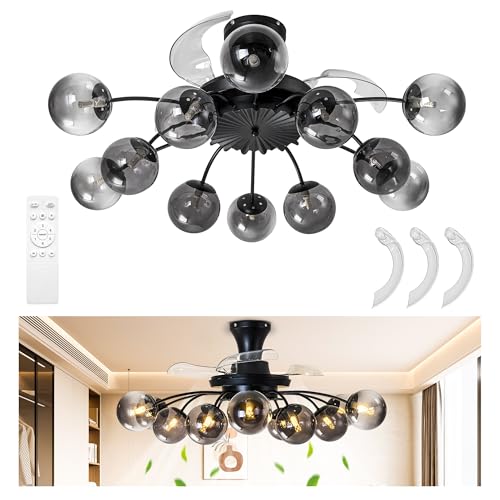 12-Light Bubble Fandelier Ceiling Fan with Light and Remote, Clear Blades Ceiling Fandelier, Black and Smoked Glass Globe Chandelier with 3 Retractable Bladeless & 6 Speeds Reversible Motor with Timer by Honeymomo - Used condition - US$196.60