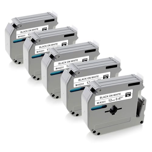 Kappiek M-K231 M Tape 12mm 0.47 White Label Tape Compatible for Brother M Tape M231 MK231 M-K231S for Brother PT-M95 PT-90 PT-85 PT-80 PT-70 PT-65 Label Maker Black on White 5 Pack Inking Ribbon