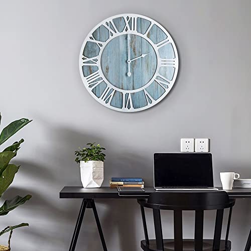 Wood Wall Clock Farmhouse Style Metal Silent Non Ticking Round Rustic Beach Blue Solid Wooden Noiseless Wall Clocks with Roman Numerals for Living Room Decor,Dining Room,Kitchen,Office (40CM)… - Image 7