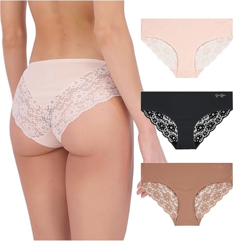 Jessica Simpson Seamless Underwear For Women, Lace Hipster Panties, Breathable and Comfortable, Pearl/Dolce/Black (3 Pack) Large