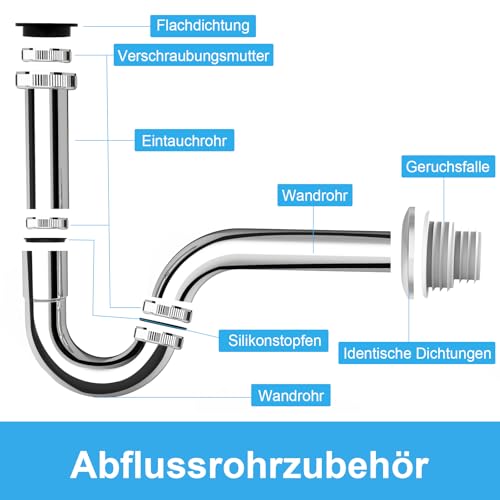 Siphon Waschbecken G 1 1/4\ Edelstahl, Universal Röhrensiphon Ablaufgarnitur für Waschbecken & Waschtisch, Abflussrohr mit Geruchsverschluss, inkl. Gummimanschette, Einfache Montage