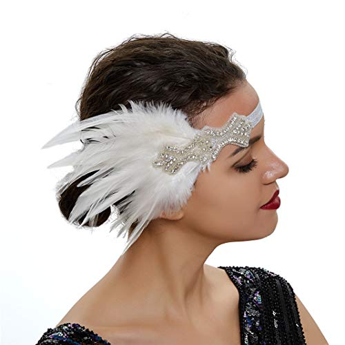 Bandeau style années 20 - Style Gatsby le Magnifique - Pour femme - Art déco - Avec plumes, I-beige argenté, taille unique