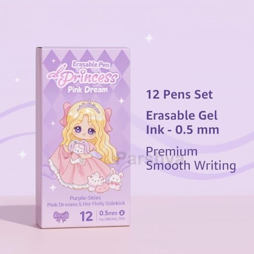 Image of Alokik 12 Pcs Princess Erasable Gel Pen Set 0.5mm Fine Point - Cute Pink Dream Cartoon Pens with Eraser Tip, Smooth Writing Retractable Gel Pens for Kids Girls School Office Supplies Stationery