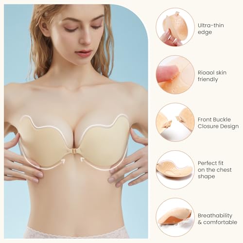 Leikedun 2er Set Klebe BH Push up ohne Träger (A Körbchen), unsichtbarer Selbstklebender BH, Beige/Schwarz, für Hochzeitskleider & Abendkleider mit 6 Paar Nippelabdeckungen & 10 Körperband