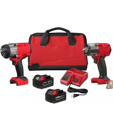 For Milwaukee M18 Cordless Impact Wrench 2-Tool Combo Kit, Red, with 2 Batteries, Charger, and Bag