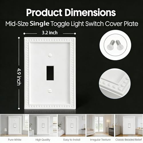 Image of ZEFTV 20 Pack Mid-Size Toggle Light Switch Wall Plates 1-Gang Switch Electrical Cover Plate Unbreakable Thermoplastic Faceplate, Classic Beaded Relief Design, White
