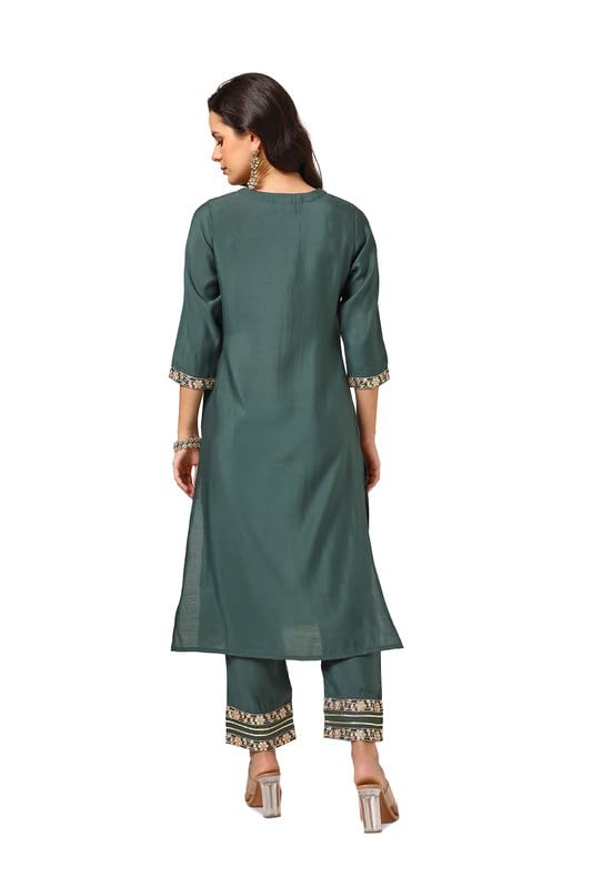 Image of Soch Womens Green Muslin Blend Embroidered Kurta Set With Gotta Patti