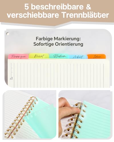 ihaspoko A5 Notizbuch mit Register - 100g/m² nicht durchscheinendes Papier, 300 Seiten, PVC Hardcover, Spiralbindung für Schule, Büro & Geschenke (Blau)
