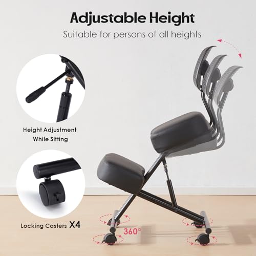 Image of Kneeling Chairs with Backrest PU Leather Ergonomic Home Office Chair Adjustable Height Seat Rolling Wheels Comfort Thick Cushion Work Stool Improve Posture Chair