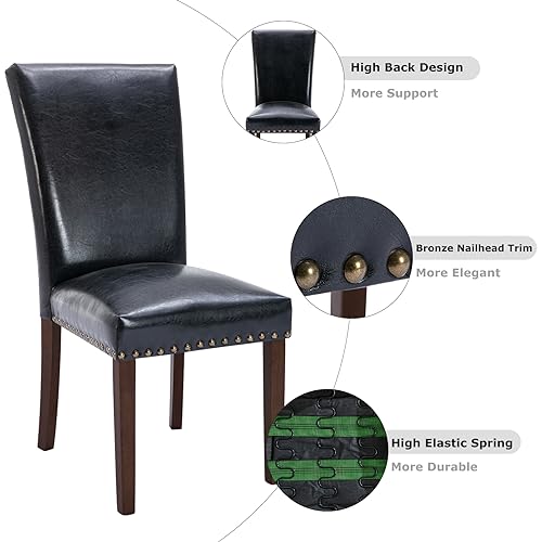 Image of COLAMY Upholstered Parsons Dining Chairs Set of 2, PU Leather Dining Room Kitchen Side Chair with Nailhead Trim and Wood Legs - Black