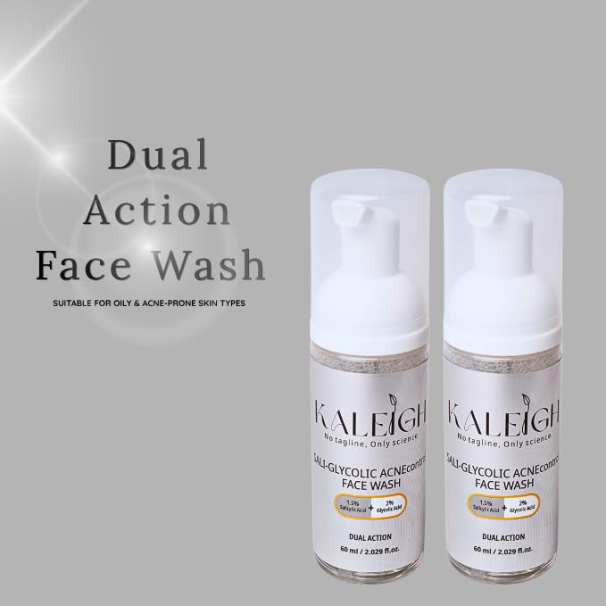 Image of KALEIGH Sali-Glycolic Acnecontrol Foaming Face Wash for Oily & Acne-Prone Skin Type | Tan Removal Cleanser for Men & Women | Deep Cleans Pores, Controls Excess Oil | Glowing, Moisturizing & Brightening Skin | Gently Exfoliates (120ml, Pack of 2)