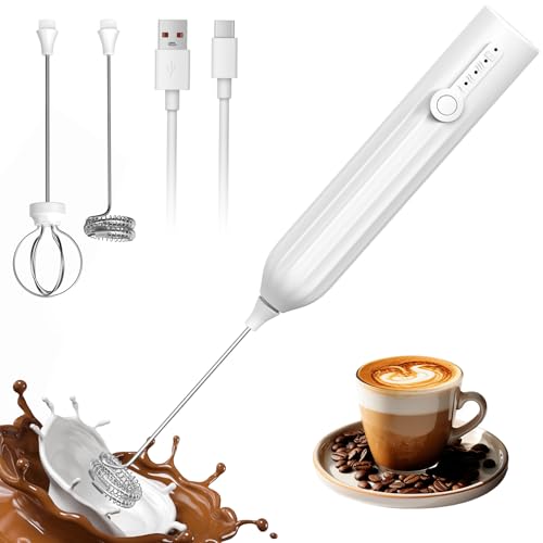 GYUGFCG Milk Frother Powerful Handheld Rechargeable With 2 Stainless Heads 3 Speeds, Frother Wand Drink Mixer,Electric Whisk Foam Maker for Coffee,Lattes,Cappuccino,Hot Chocolate,Matcha, Egg - White