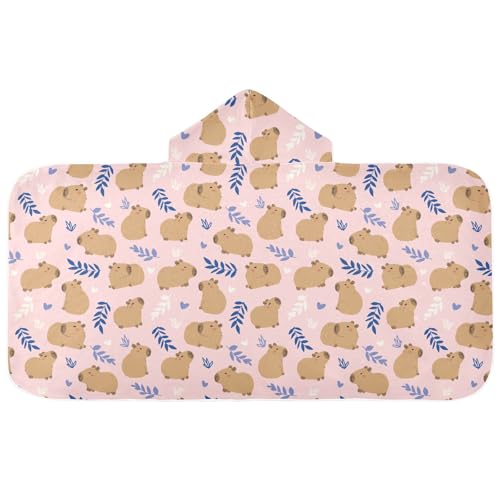 Image of Pink Cute Capybara Hooded Beach Towel for Kids, Kids Bath Hooded Towels for Boys Girls, Super Soft Absorbent Bathrobe with Hood for Swin Pool 50 inchx23.5 inch