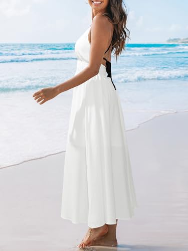 Image of CUPSHE Women 2026 Summer Beach Maxi Dress Plunge V Backless Cami Strape Smocked Waist Sun Dress Long Wedding Guest Dress