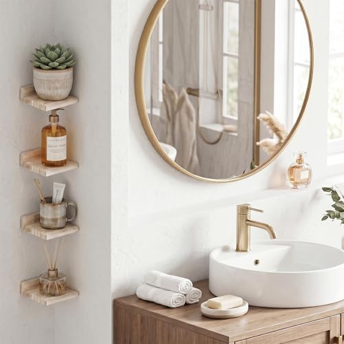 Image of Fixwal Small Floating Shelves for Wall (Light Carbonized, Set of 4, 5Inch) | Rustic wood shelf for displaying mini frames, plants, collectibles. Fits bedroom, living room, bathroom, kitchen, or office.