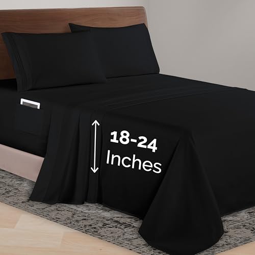 Elegant Comfort Luxurious 1500 Premium Hotel Quality Microfiber 4-Piece Sheet Set, 18-24 Inches Deep - Extra Deep Pocket Sheets - Ultra Soft 4PC Deep Pocket Sheets, King, Black
