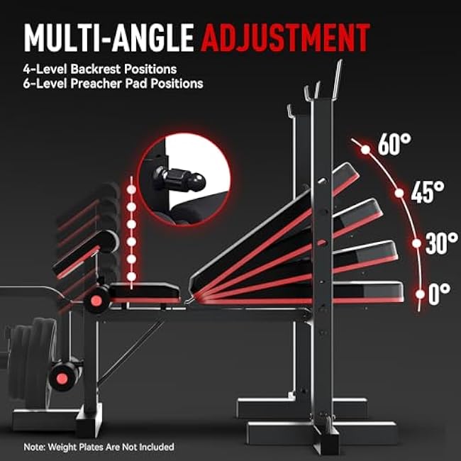 HARISON 6 in 1 Weight Bench Set with Leg Extension and Preacher Curl, 660LBS Workout Bench Press Rack for Home Gym with Resistance Bands
