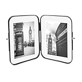 Isaac Jacobs 4x6 Vintage Style, Double-Sided Round-Edged Brass & Glass Metal Floating Picture Frame with Locket Closure (Vertical), Made for Tabletop Display (4x6, Black)