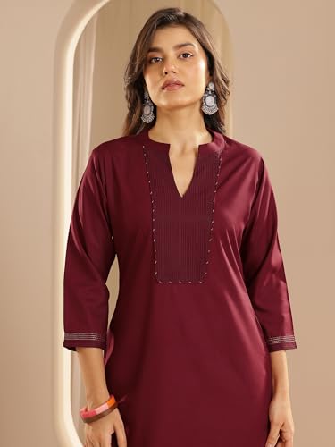 Image of Libas Maroon Yoke Design Viscose Straight Kurta set for Women | daily wear suit