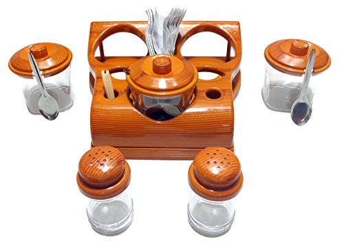 Image of Nabhya Complete Dining Table Set of Pickle Jars, Salt and Pepper Dispenser, Toothpick Holder and Spoon Holder(Wooden Look Design, Plastic) (All in One)