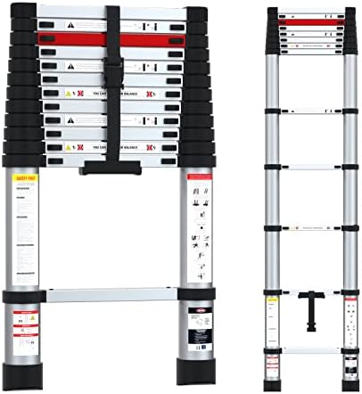 Telescopic Ladder, 12.5FT BOHOPOP Aluminum Extension Ladder with Non-Slip Feet, Portable Telescoping Ladder for Household and Outdoor Working, 330lbs Carrying Capacity