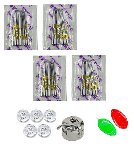 Image of ZENITH Sewing Machine Needles HA Size (14 /90) 40pc Needles Each, 5pc Plastic Bobbins,1 Bobbin case & 2pc Needle Threader Combo Suitable for Home Sewing Machines Like Usha Janome, Singer, Brother